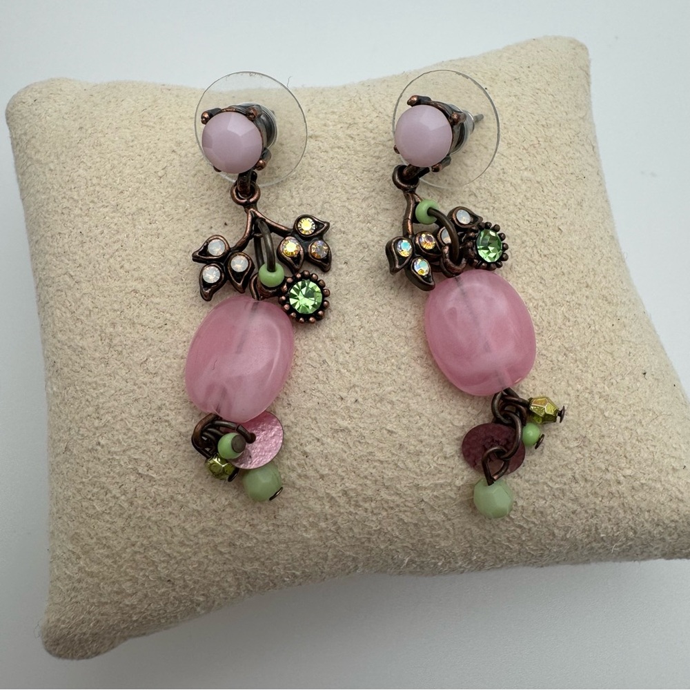 Anthropologie Pink Floral Crystal Drop Earrings Mint Green Statement - Picture 5 of 10